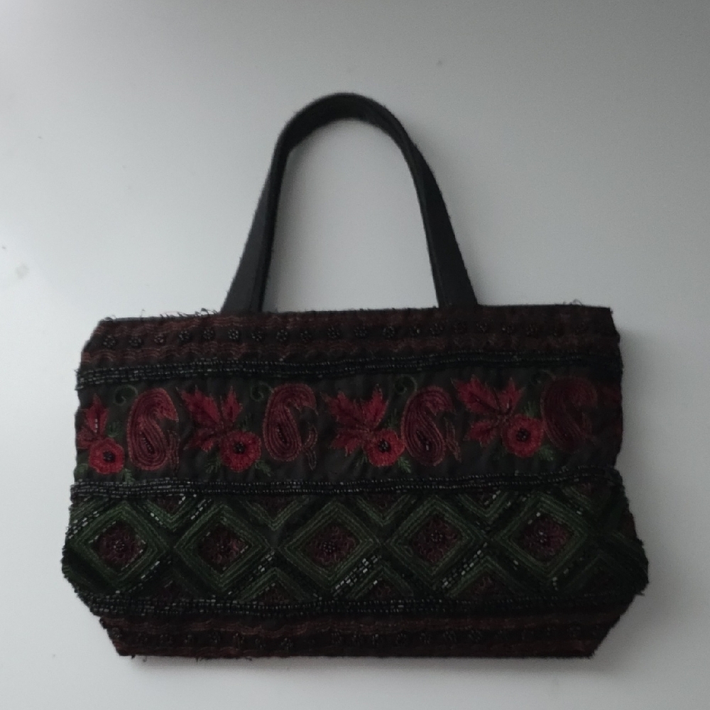 Beaded Embroidred Small Tote Purse in Dark Green and Burgundy